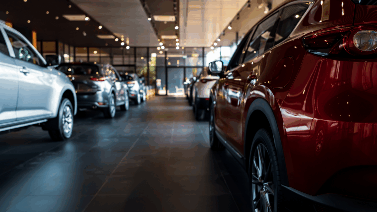 In einem hell erleuchteten Ausstellungsraum eines Autohauses mit polierten Böden und großen Fenstern im Hintergrund wird eine Reihe neuer Autos ausgestellt.