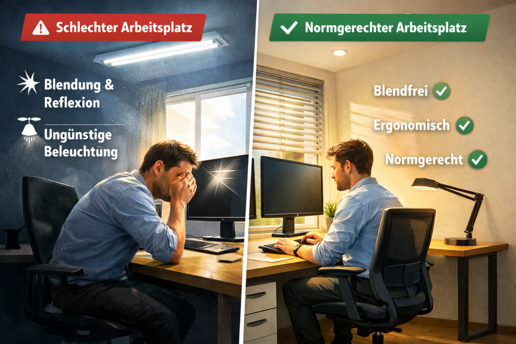 Ein Vergleich von zwei Arbeitsplätzen: links ein gestresster Mann bei grellem Licht mit Warnhinweisen auf Blendung und schlechte Beleuchtung; rechts derselbe Mann an einem ergonomischen, gut beleuchteten Schreibtisch, der verdeutlicht, wie man Blendung am Bildschirmarbeitsplatz vermeiden kann.