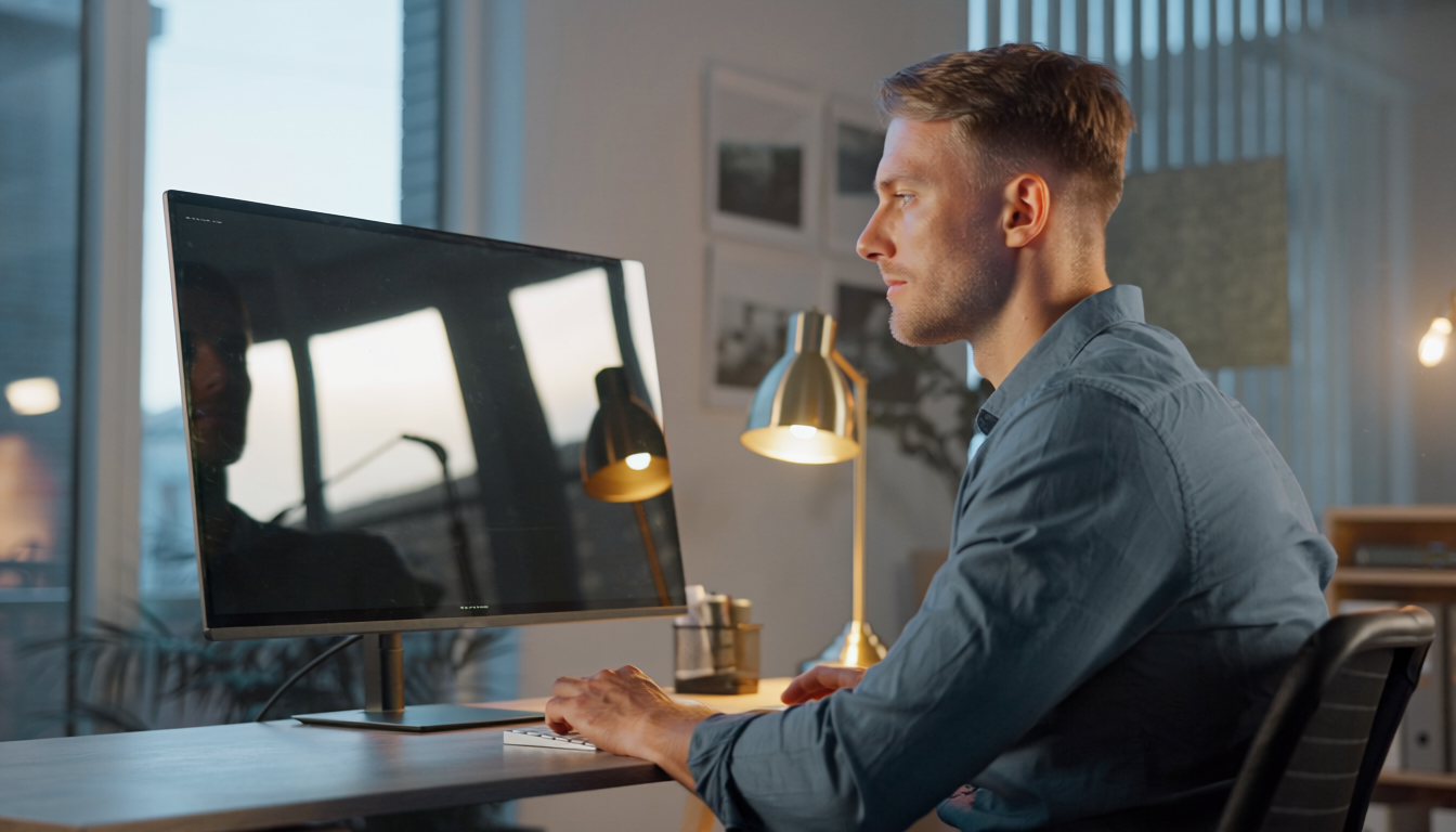 Ein Mann sitzt an einem Schreibtisch und arbeitet an einem Computer in einem modernen, gut beleuchteten Heimbüro mit einer Lampe, gerahmten Bildern an der Wand und einem großen Fenster, das den Blick auf den Bildschirmarbeitsplatz vermeidet.
