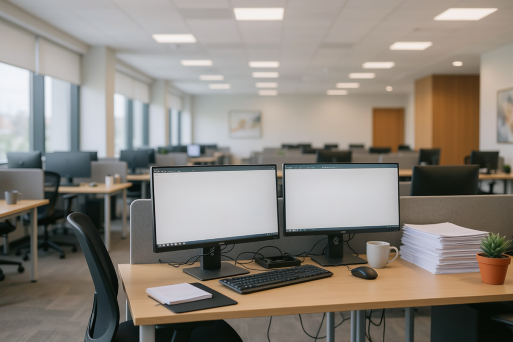 Ein leeres modernes Büro mit Reihen von Schreibtischen, die jeweils mit Computern, Stühlen und Büromaterial ausgestattet sind. Im Vordergrund sind Maßnahmen zur Vermeidung von Blendung am Bildschirmarbeitsplatz zu erkennen - Monitore und eine kleine Pflanze sorgen für einen blendfreien Arbeitsplatz.