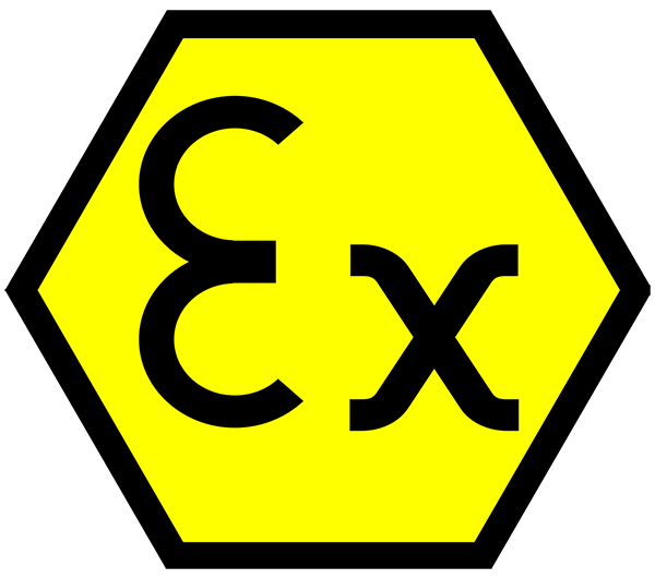 Ein gelbes sechseckiges Schild mit einem dicken schwarzen Rand und den Buchstaben „Ex“ in der Mitte. Das Design weist auf Explosionsschutz gemäß der ATEX-Richtlinie hin, die für Leuchtenhersteller und LED-Lichtsysteme in explosionsgefährdeten Bereichen von entscheidender Bedeutung ist.