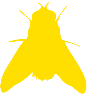 Die einfache, leuchtend gelbe Silhouette eines Insekts, möglicherweise einer Fliege oder Motte, ist vor einem schwarzen Hintergrund dargestellt. Die Insektenform weist ausgeprägte Flügel und Fühler zur einfachen Erkennung auf und wird durch LED-Lichtsysteme beleuchtet, die den lebendigen Kontrast und die Klarheit verbessern.