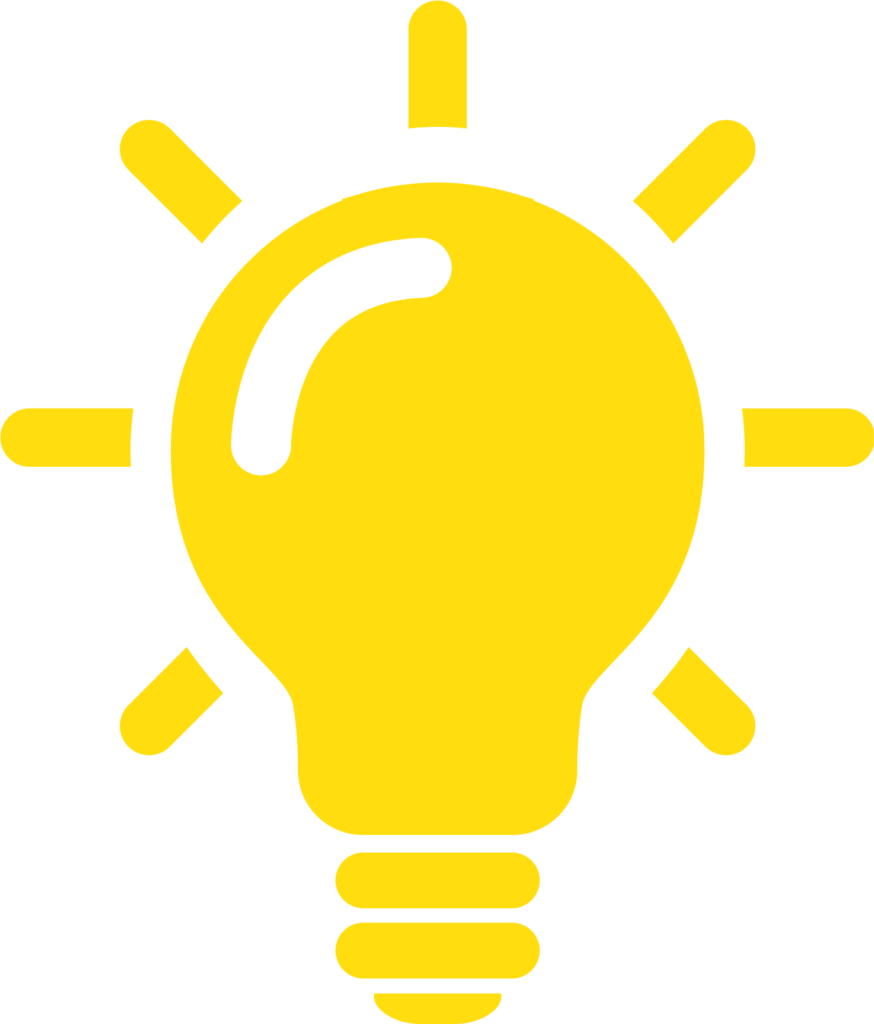 Ein leuchtend gelbes Glühbirnensymbol mit acht Strahlen, die eine Idee oder Innovation symbolisieren. Die Glühbirne weist auf ihrer linken Seite eine glänzende Reflexion auf und verkörpert LED-Technik in einem einfachen und minimalistischen Design. Der Hintergrund ist transparent.