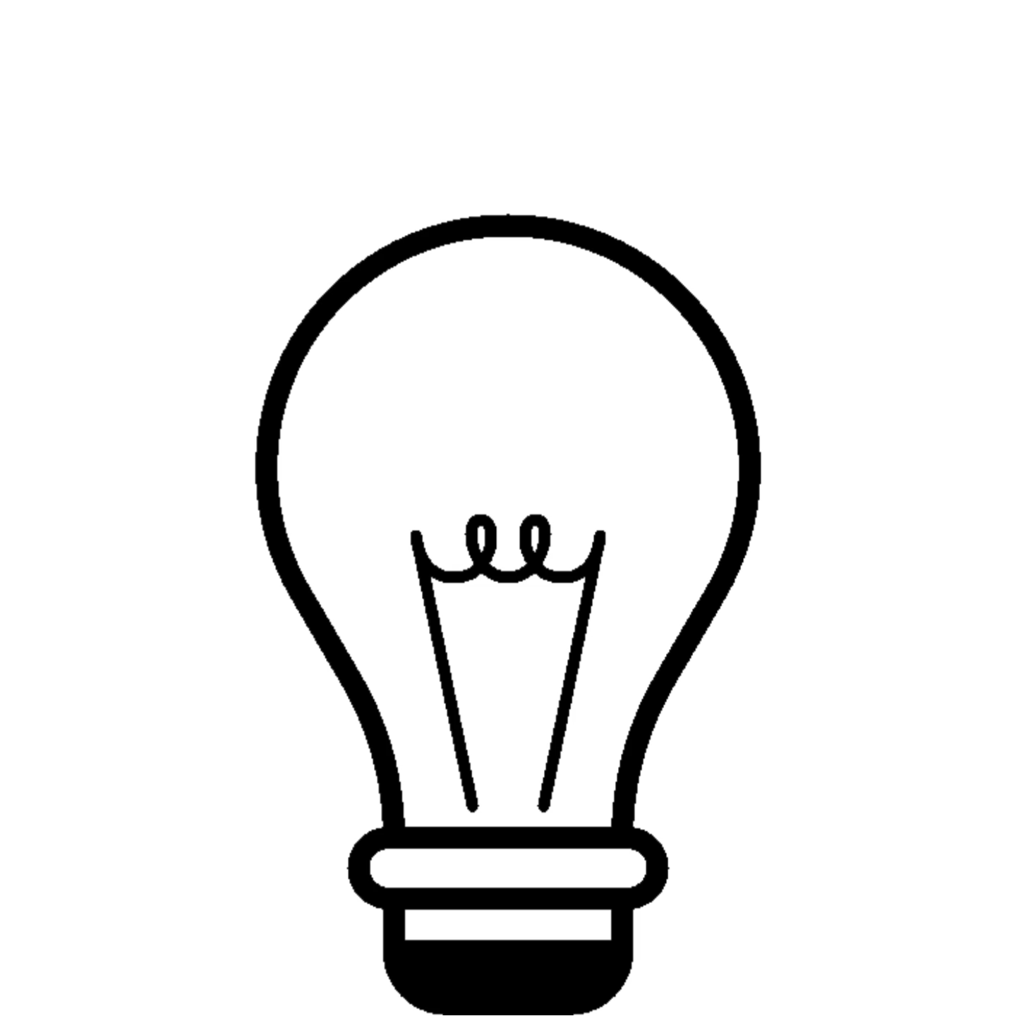 Eine einfache schwarz-weiße Strichzeichnung einer herkömmlichen Glühbirne. Die Glühbirne ist ausgeschaltet und der Glühfaden im Inneren ist sichtbar. Die Zeichnung hat einen minimalistischen Stil mit klaren Linien, die an moderne LED-Beleuchtungsdesigns erinnern.