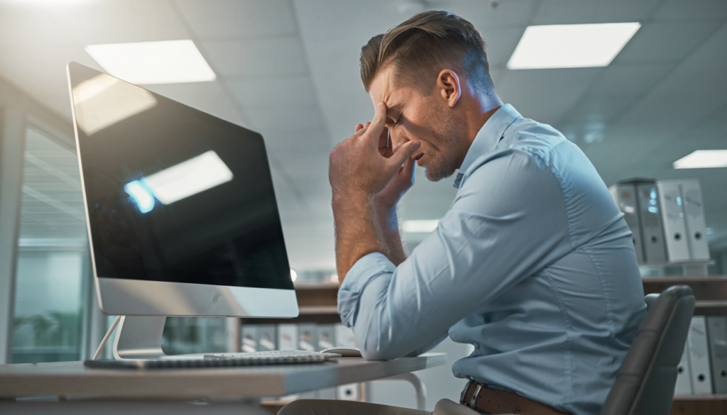 Ein Mann in einem hellblauen Hemd sitzt an einem Schreibtisch vor einem Computer, kneift den Nasenrücken zusammen, schließt die Augen und wirkt gestresst - und unterstreicht damit die Bedeutung von "Blendung am Bildschirmarbeitsplatz vermeiden" in einem modernen Büro.