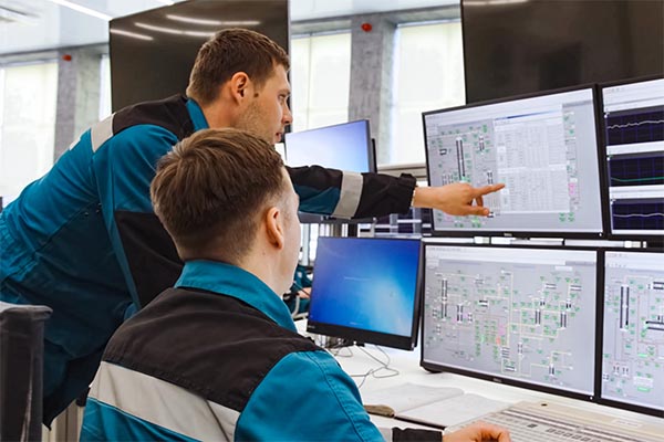 Zwei Mitarbeiter in blau-schwarzen Uniformen stehen in einem Büro mit mehreren Computermonitoren. Eine Person sitzt und arbeitet an einem Computer, während die andere steht und auf einen der Bildschirme zeigt, auf dem technische Diagramme und Daten zu LED-Lichtsystemen angezeigt werden.