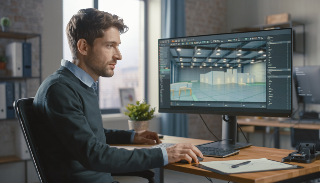 Ein Mann sitzt an einem Schreibtisch und arbeitet an einem 3D-Modellierungsprojekt, das auf einem großen Computermonitor in einem modernen Büro angezeigt wird, wobei natürliches Licht durch das Fenster fällt, um eine Blendung am Bildschirmarbeitsplatz zu vermeiden.