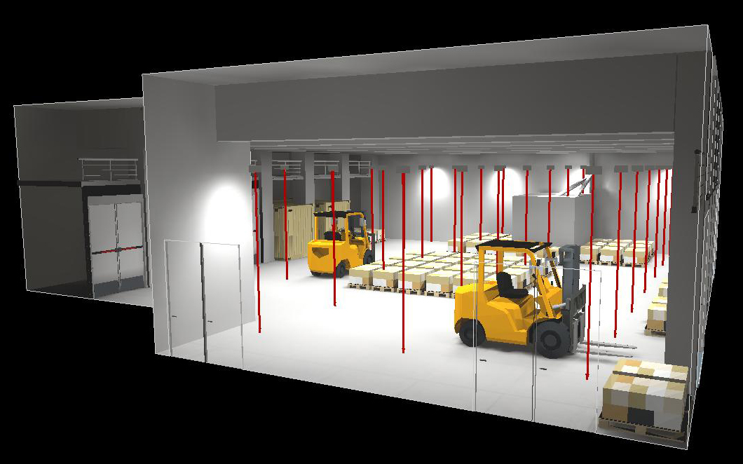 Ein Lagerhaus mit zwei gelben Gabelstaplern, die Paletten zwischen Kistenstapeln bewegen. Von der Decke hängen rote Linien, die möglicherweise auf Sensoren oder Feuerlöschsysteme hinweisen. Der Raum hat Glastüren und eine hohe Decke.