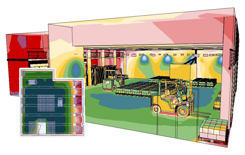 Ein farbkodiertes Diagramm zeigt ein Lager mit Gabelstaplern, die Paletten bewegen. Die Überlagerung zeigt Lärm- oder Wärmepegel an, wobei ein kleinerer Grundriss eine ähnliche Intensitätskartierung zeigt.