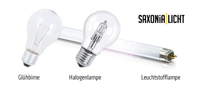 Bild, das drei Arten von Glühbirnen vor einem weißen Hintergrund zeigt. Von links nach rechts: eine Glühbirne, eine Halogenlampe und eine Leuchtstofflampe. In der oberen rechten Ecke steht der Text „SAXONIA LICHT“, der ihre Kompetenz als Leuchtenhersteller hervorhebt.