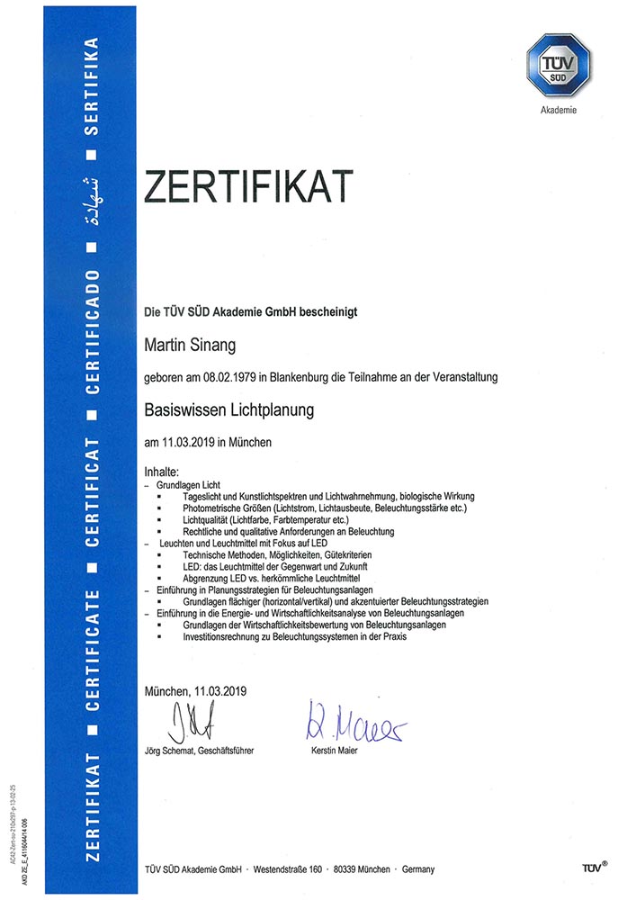 Zertifikat Basiswissen Lichtplanung TÜV zertifiziert