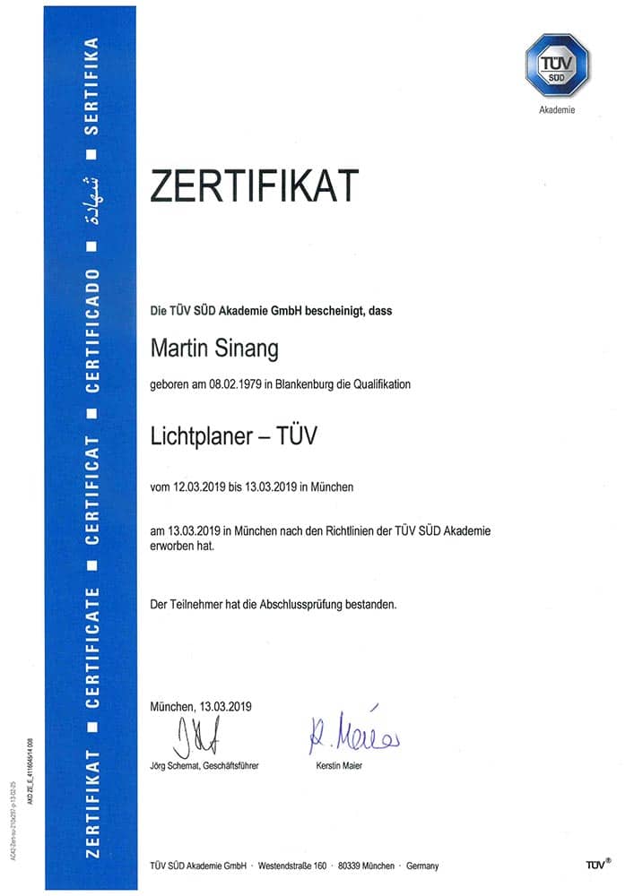 Zertifikat Lichtplaner TÜV zertifiziert