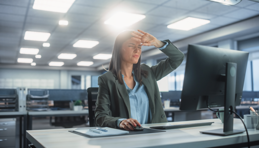 Eine Frau in Geschäftskleidung sitzt an einem Schreibtisch in einem Büro und schirmt ihre Augen vor dem hellen Deckenlicht ab, während sie auf einen Computerbildschirm schaut - ein Beispiel dafür, wie wichtig es ist, Blendung am Bildschirmarbeitsplatz zu vermeiden.