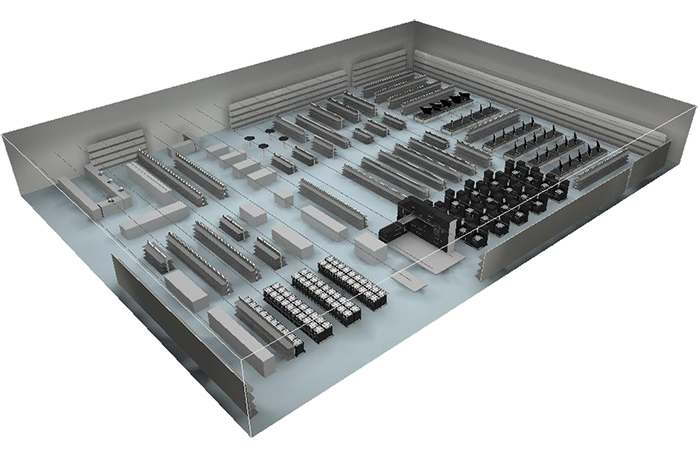 Ein 3D-Rendering, das eine isometrische Ansicht eines großen Lagers oder einer Lagereinrichtung zeigt. Der Innenraum verfügt über mehrere Reihen von Regalen und Lagereinheiten, von denen einige mit Artikeln bestückt sind. Das Layout umfasst organisierte Abschnitte, Gänge und einzelne Lagercluster, die für optimale Sichtbarkeit mit LED-Beleuchtung beleuchtet werden.