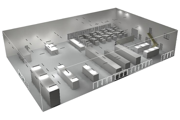Eine 3D-Darstellung eines Lagerlayouts, beleuchtet durch effiziente LED-Lichtsysteme. Der Raum ist mit verschiedenen Regalen, Lagereinheiten und getrennten Gängen organisiert. Mehrere rechteckige Blöcke stellen Bereiche für die Lagerung von Geräten oder Waren dar. Die Ansicht aus einem erhöhten Winkel zeigt die Gesamtanordnung.