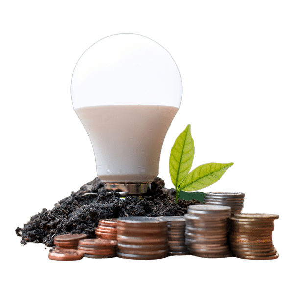 LED Beleuchtung auf Erde mit Münzen für Energiekosten senken