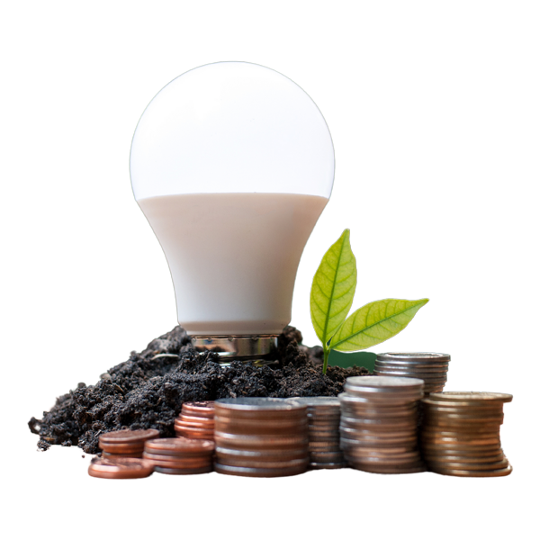 LED Beleuchtung auf Erde mit Münzen für Energiekosten senken