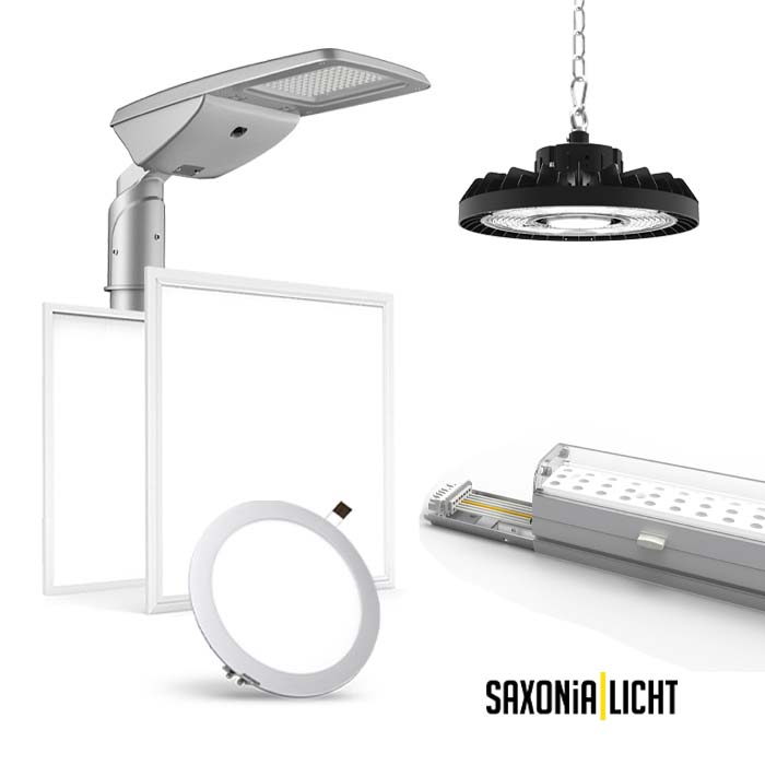 Verschiedene Arten von LED-Beleuchtung von Saxonia Licht, darunter eine Straßenlaterne, eine hängende Industrieleuchte, LED-Panels in verschiedenen Formen und eine lineare LED-Lichtleiste. Das Saxonia Licht-Logo ist in der unteren rechten Ecke sichtbar. Perfekt für alle, die erstklassige LED-Beleuchtungssysteme suchen.